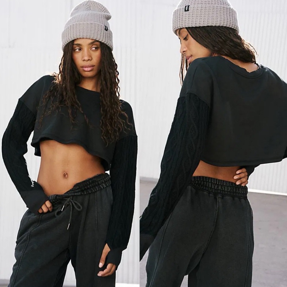 NWT Free People FP Movement Snow Worries Layer Knit Crop Sweatshirt Top Black